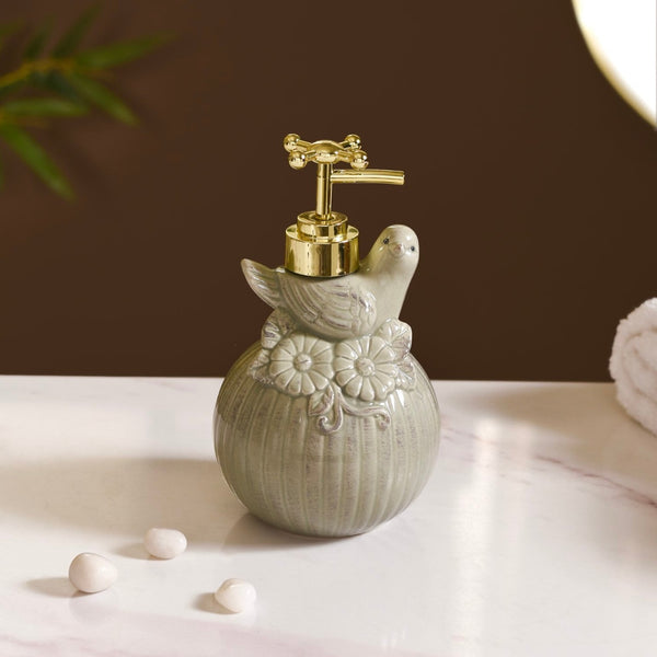 Bird Ceramic Embossed Liquid Soap Dispenser Pastel Green