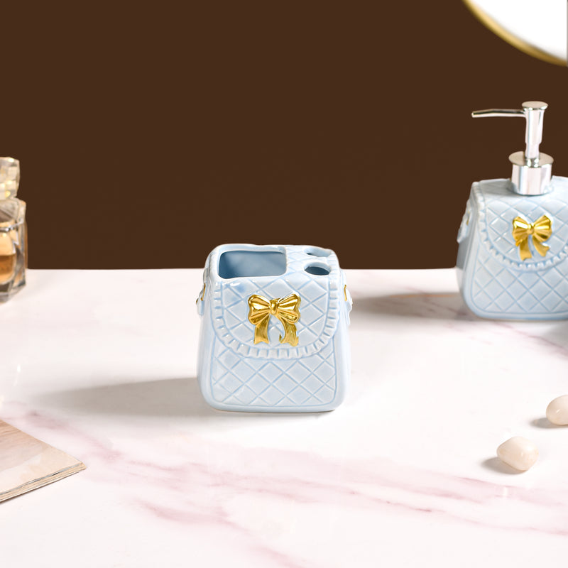 Bow Detail Blue Ceramic Bath Accessories Set Of 3