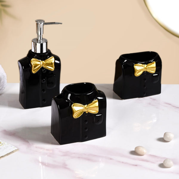 Dapper Shirt With Bow Ceramic Bath Set Of 3 Black