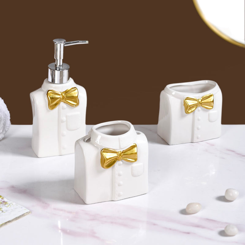 Eclectic Bow Tie Shirt Ceramic Bath Set Of 3 White