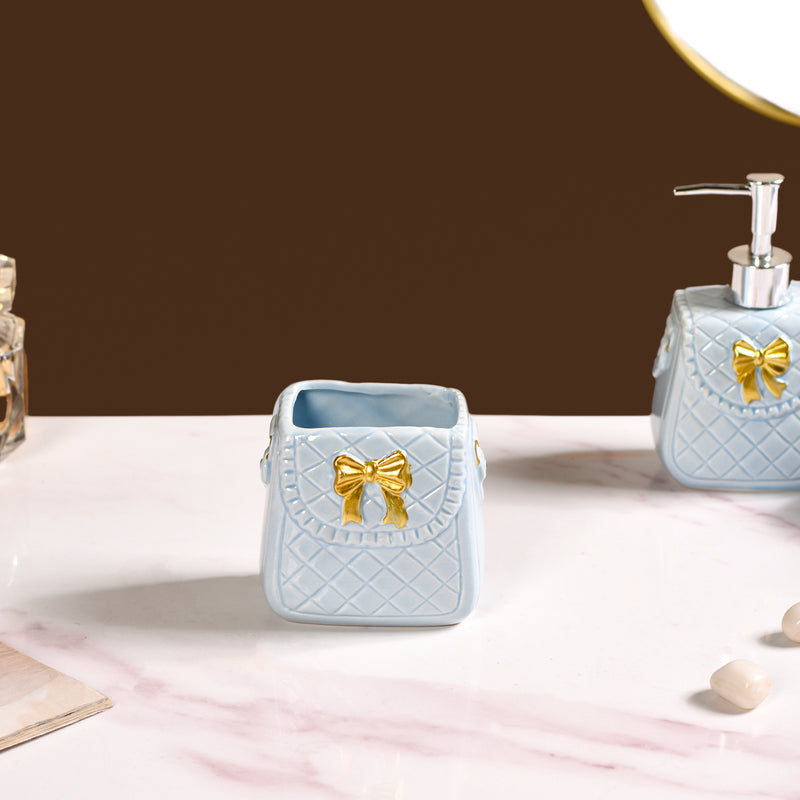 Bow Detail Blue Ceramic Bath Accessories Set Of 3