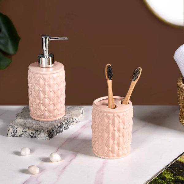 Peach Knit Design Ceramic Bathroom Accessories Set Of 3
