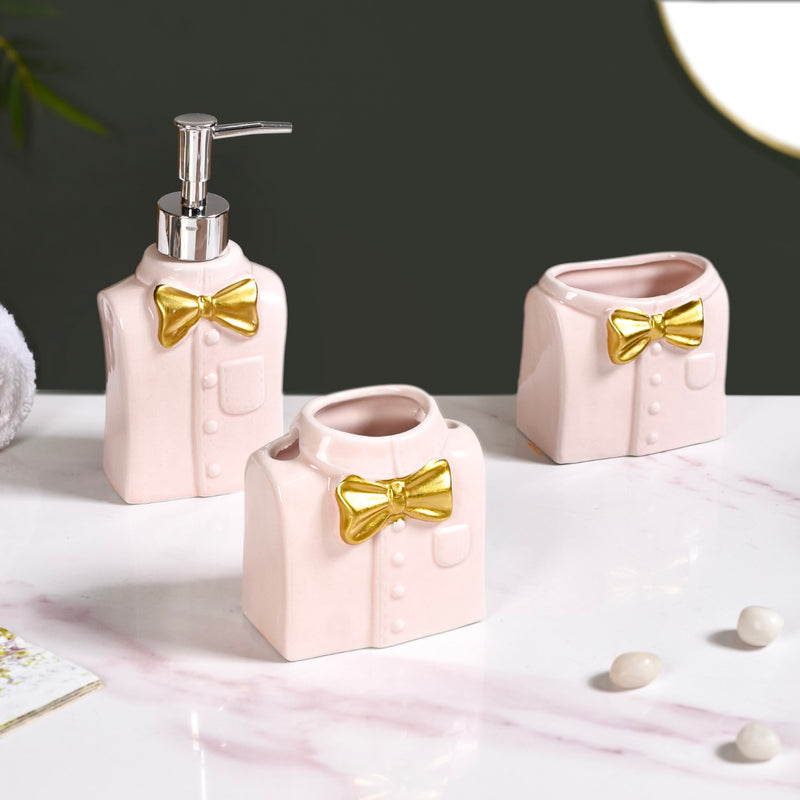 Pink Gloss Bowtie Shirt Ceramic Bath Set Of 3