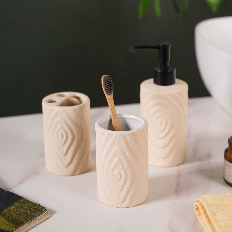 Tree Ring Textured Bathroom Accessories Set Of 3 Beige