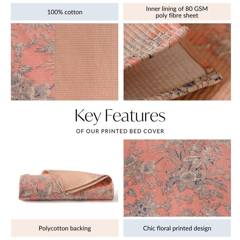 Chic Floral Cotton King Size Bed Cover Pink 102x93 Inch