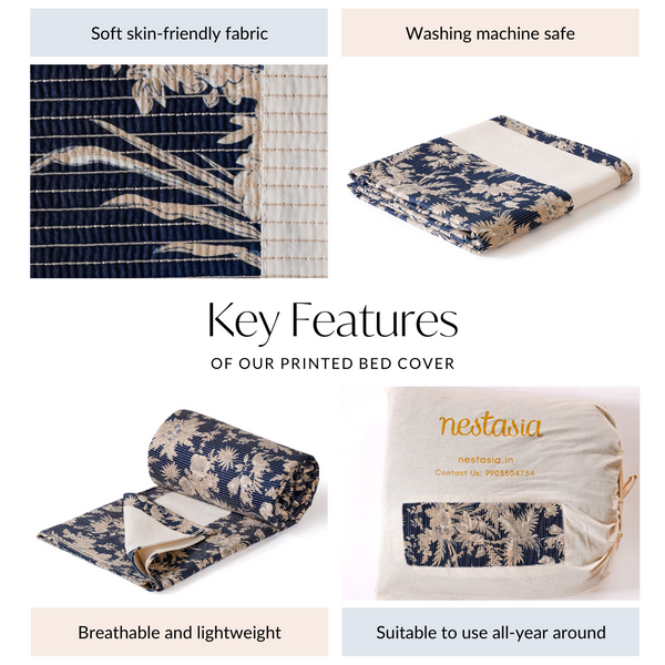 Cotton Floral Printed King Size Bed Cover Navy 102x93 Inch