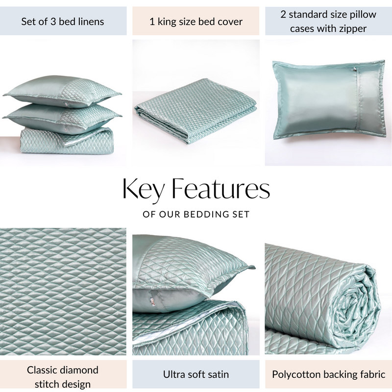 Classic Satin King Size Bed Cover And Pillow Case Set Of 3 Aqua Blue