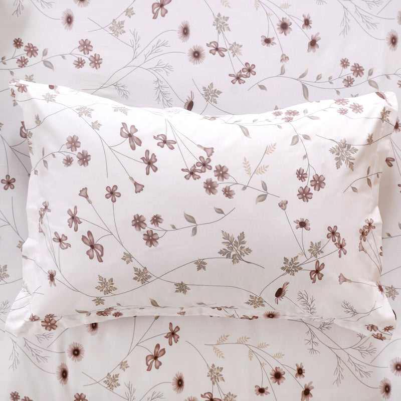 Luxe Floral Printed Cotton King Size Bedsheet Set Taupe