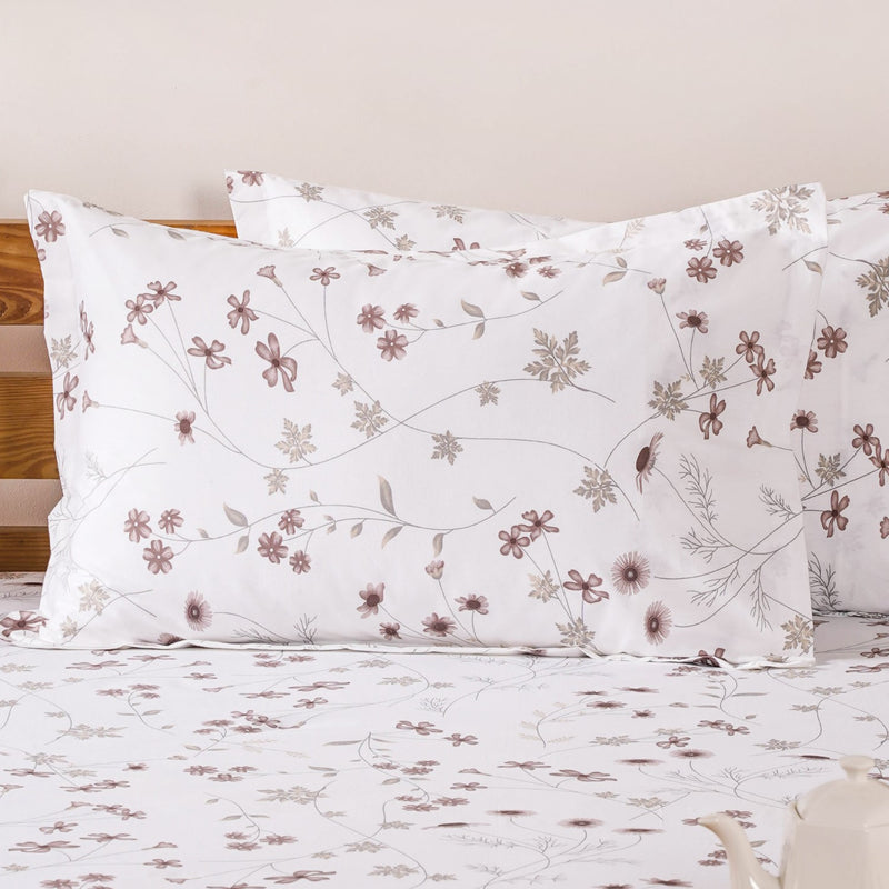 Luxe Floral Printed Cotton King Size Bedsheet Set Taupe