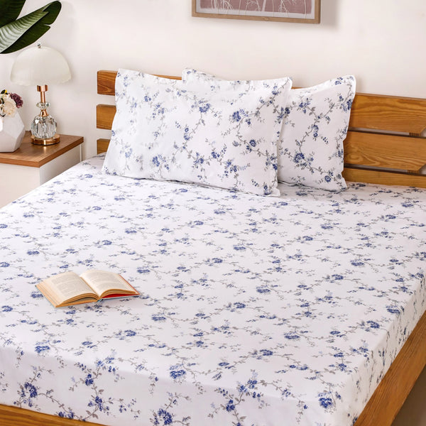 Pure Cotton Floral King Sized Bedsheet And Pillowcase Set Light Blue