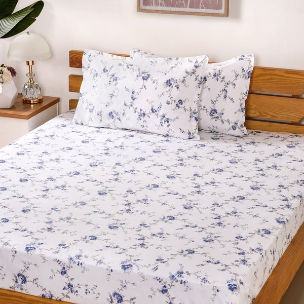 Pure Cotton Floral Bedding Set Blue 180 TC King Size 275x275 cm