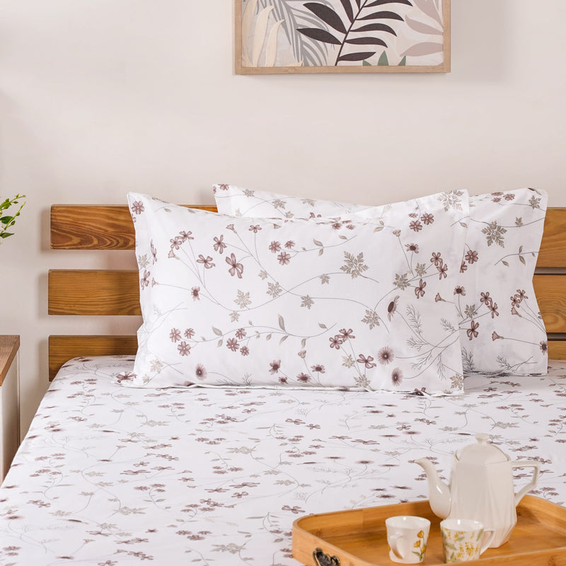 Luxe Floral Printed Cotton King Size Bedsheet Set Taupe