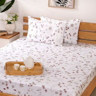 Luxe Floral Printed Cotton King Size Bedsheet Set Taupe