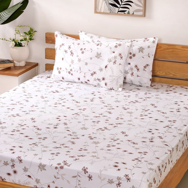 Floral Printed 180 TC Pure Soft Cotton King Size Night Bedsheet Set Taupe 275x275 cm