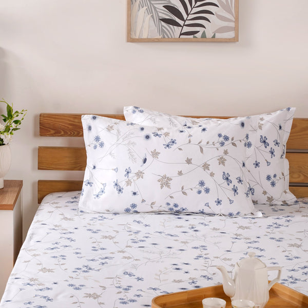 Pure Cotton 180 TC Printed Bedsheet And Pillowcase Set King Size Blue 275x275 cm