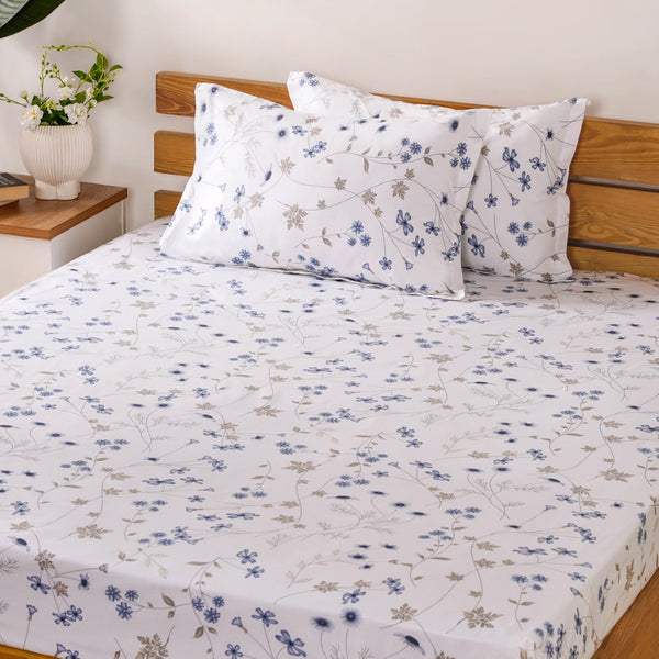 Pure Cotton 180 TC Printed Bedsheet And Pillowcase Set King Size Blue 275x275 cm