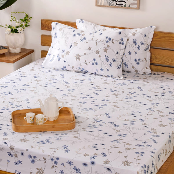 Pure Cotton Printed Bedsheet And Pillowcase Set Blue