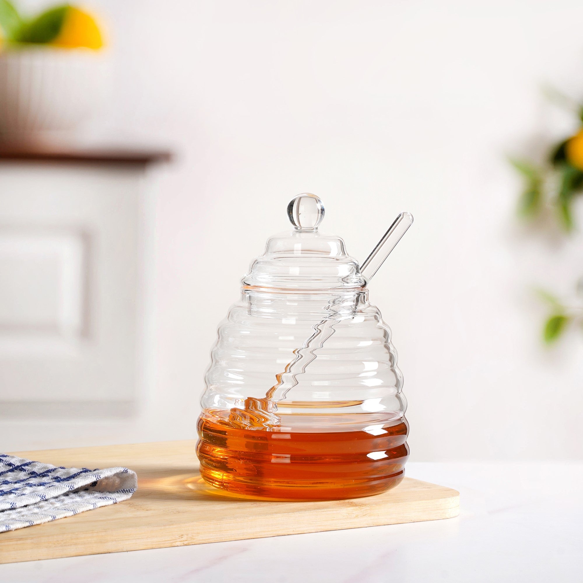 Beehive Glass Honey Jar With Dipper And Lid 480ml