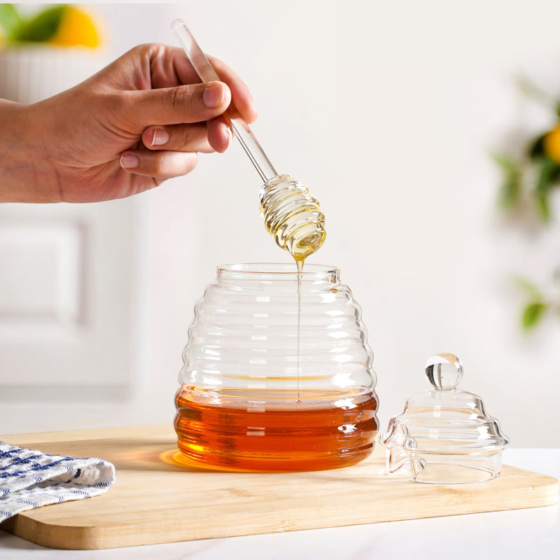 Beehive Glass Honey Jar With Dipper And Lid 480ml