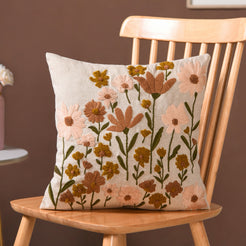 Beige Chambray Floral Couch Cushion Cover