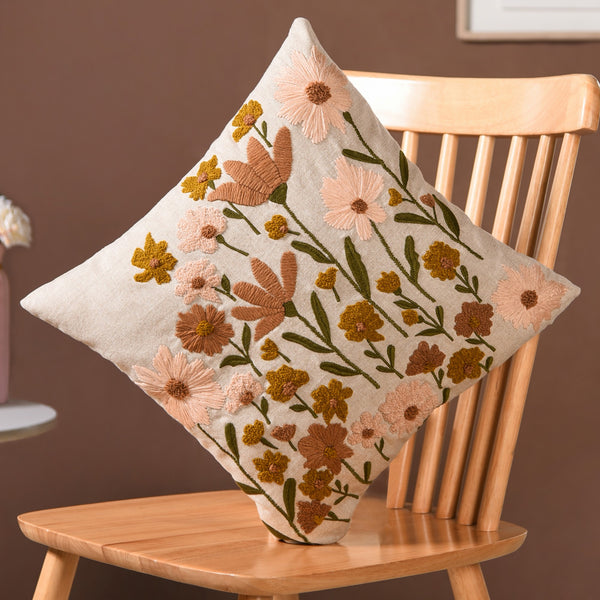 Beige Chambray Floral Couch Cushion Cover 40x40cm