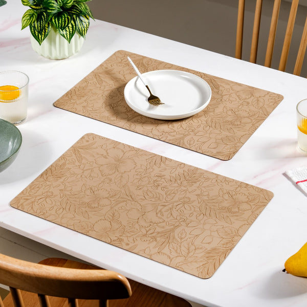 Beige Embossed Hibiscus Rectangular Placemats Set Of 6