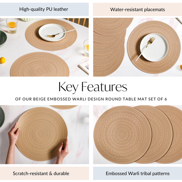 Beige Embossed Warli Design Round Table Mat Set Of 6