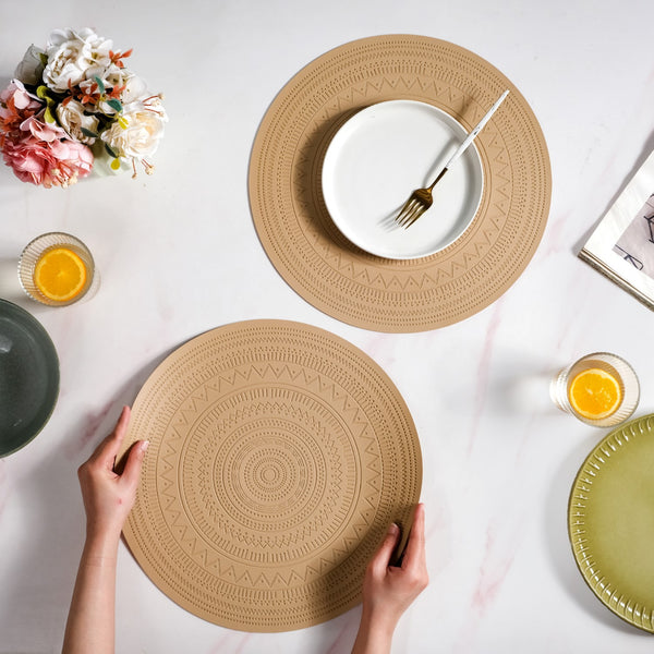 Beige Embossed Warli Design Round Table Mat Set Of 6