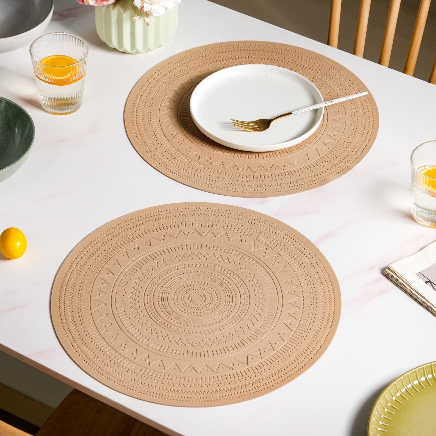 Beige Embossed Warli Design Round Table Mat Set Of