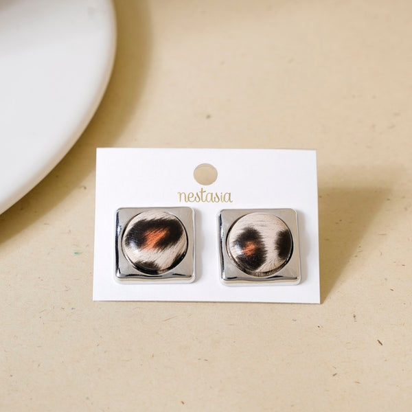 Beige Animal Print Silver Square Studs