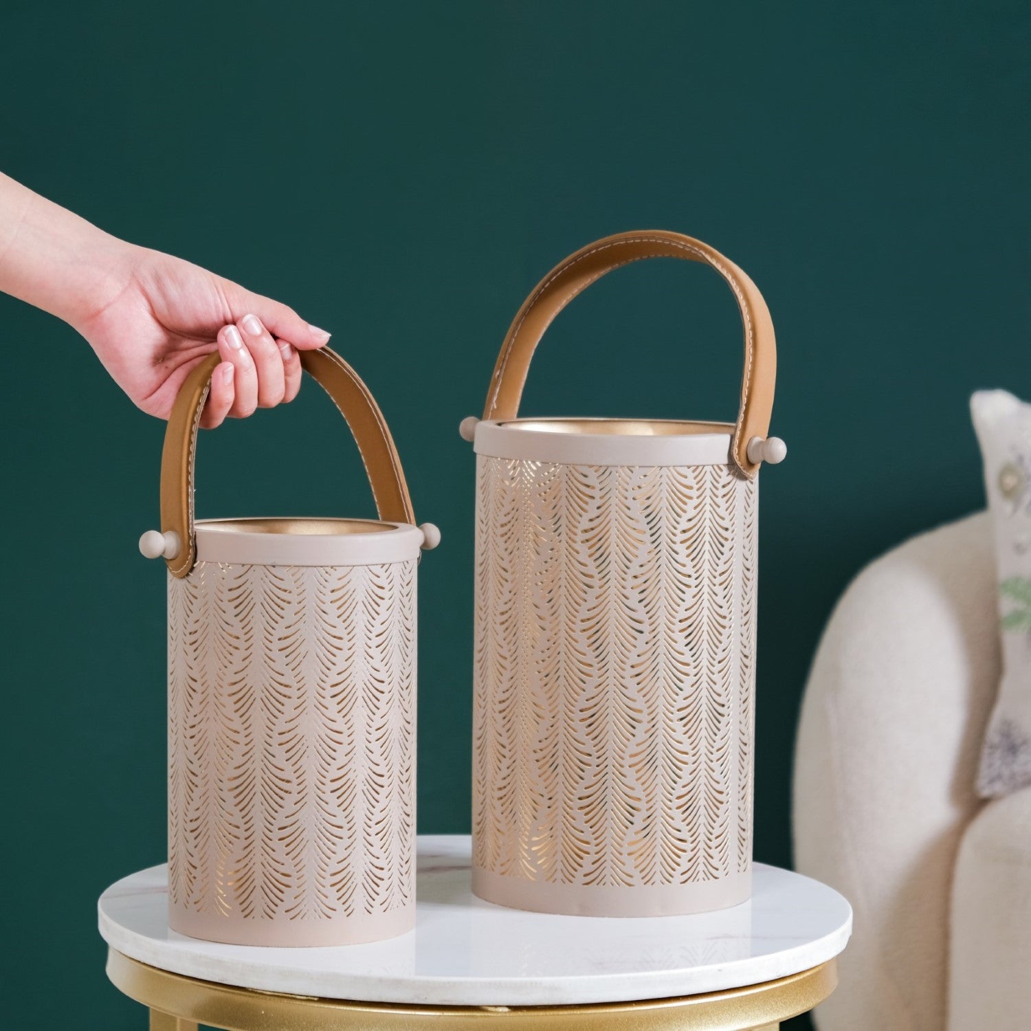 Modern Matte Beige Leaf Cutwork Metal Lantern Set Of 2 Online