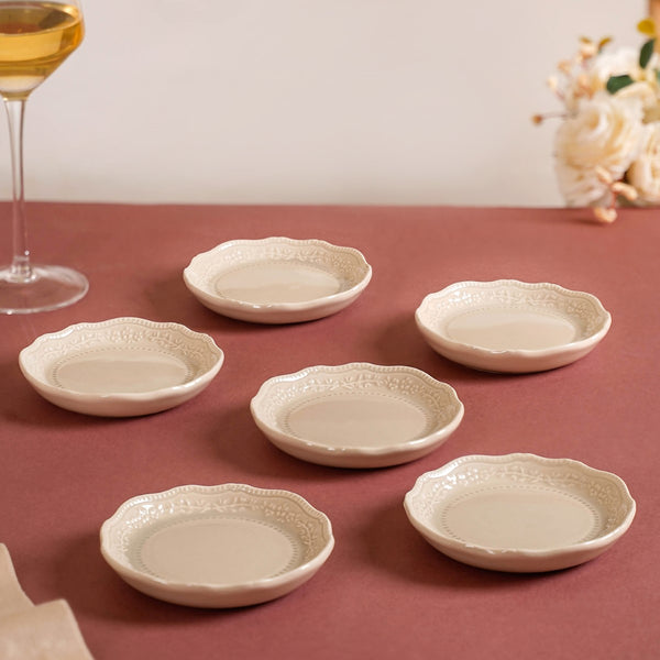 Beige Ceramic Round Dip Plate Set Of 6