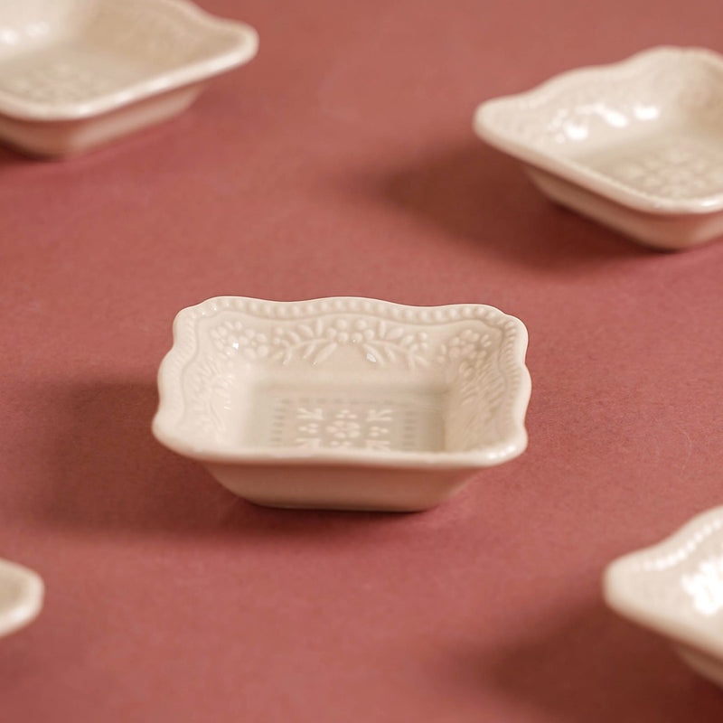 Embossed Square Small Dessert Dish Set Of 6 3" x 3" - Small plates, dip dish, dip bowls, ceramic dip bowls
