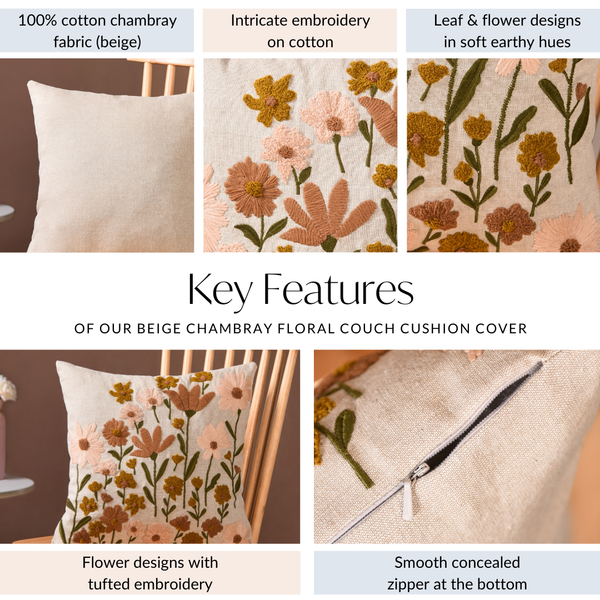 Beige Chambray Floral Couch Cushion Cover 40x40cm