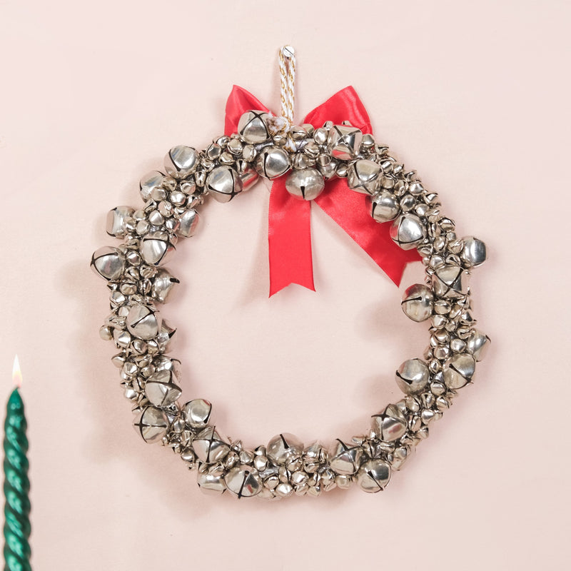 Decorative Silver Bells Wreath- Decorative Silver Wreath, Wreath with Bells, Silver Holiday Wreath, Festive Wreath Decor