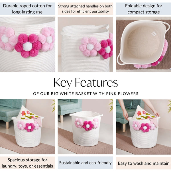 White Basket With Pink Flowers 40cm