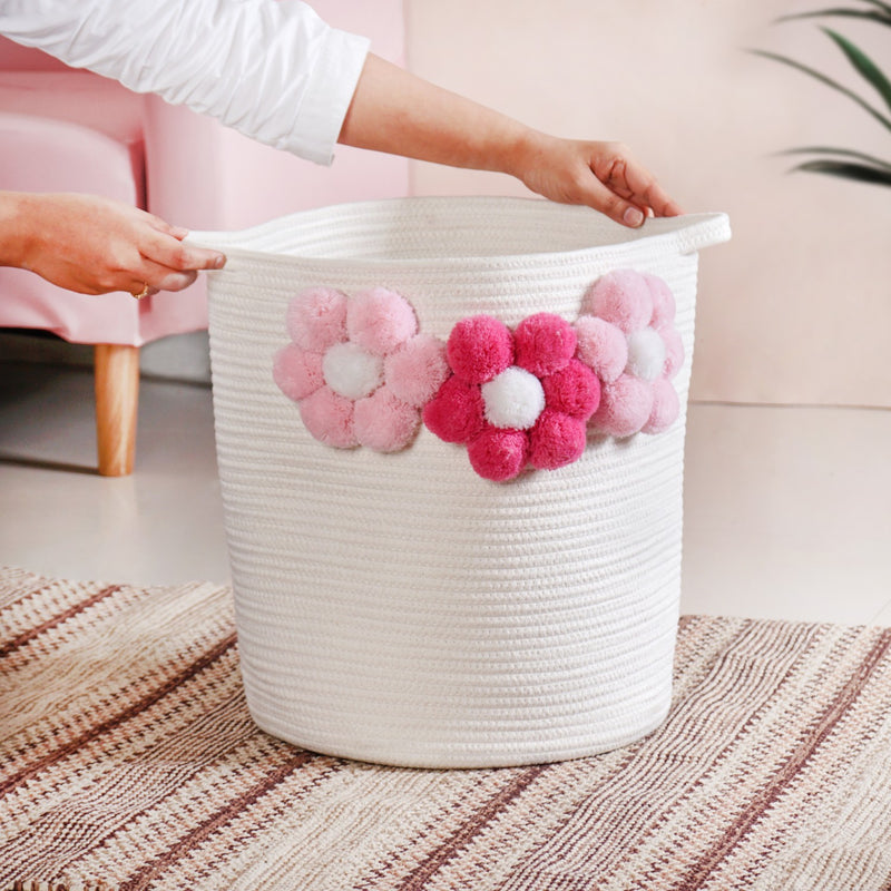 Big White Basket With Pink Flowers