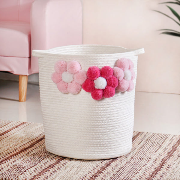 White Basket With Pink Flowers 40cm