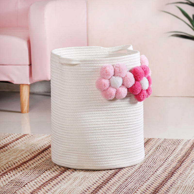 Big White Basket With Pink Flowers
