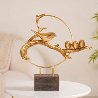 Bird Family Sculpture Showpiece Gold- Bird showpiece, gold showpiece, living room showpiece, bird sculpture, resin showpiece