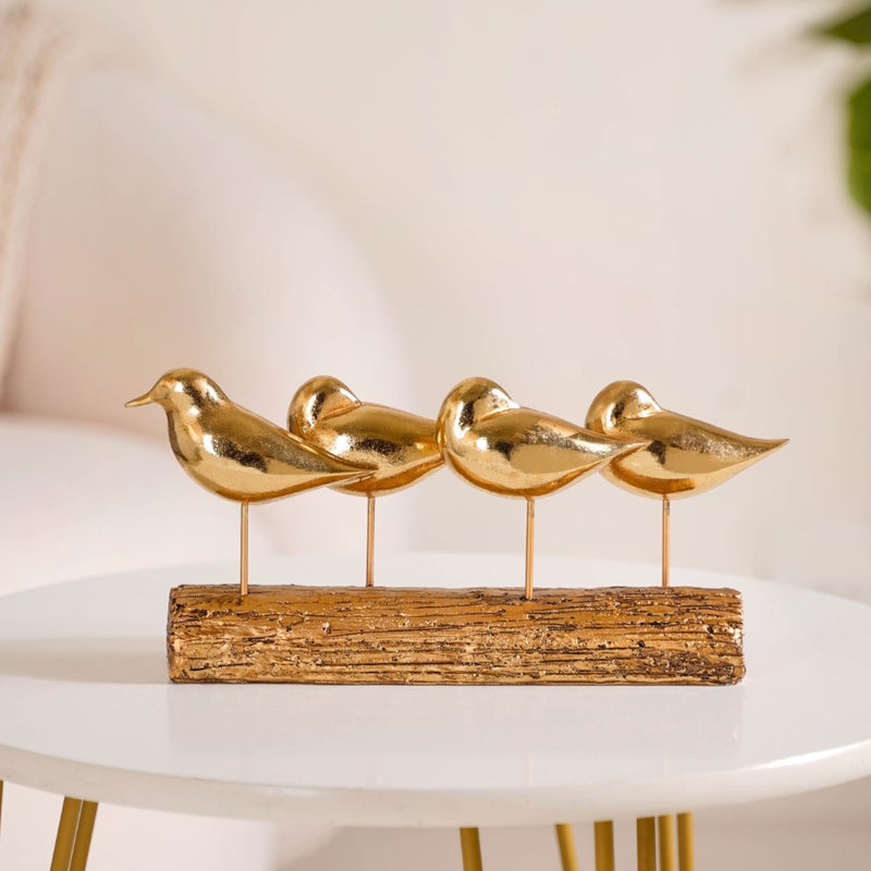 Gold Bird Showpiece With Stand - Bird Showpiece, Bird Decor with Bark Stand, Decorative Gold Bird Figurine