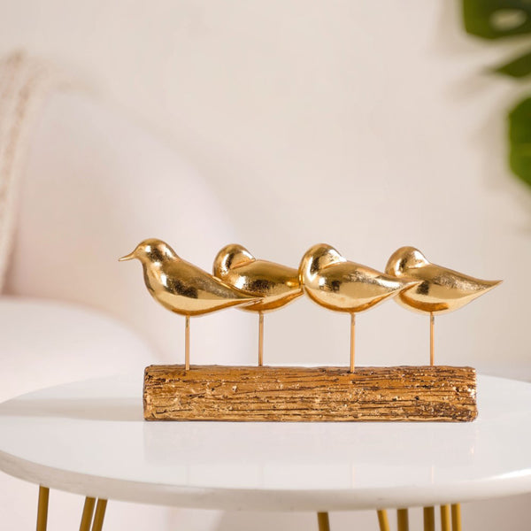 Gold Bird Showpiece With Bark Stand