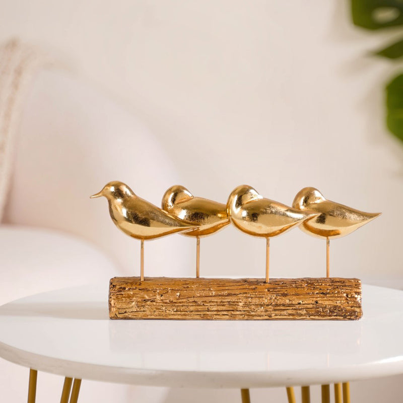 Gold Bird Showpiece With Stand - Bird Showpiece, Bird Decor with Bark Stand, Decorative Gold Bird Figurine