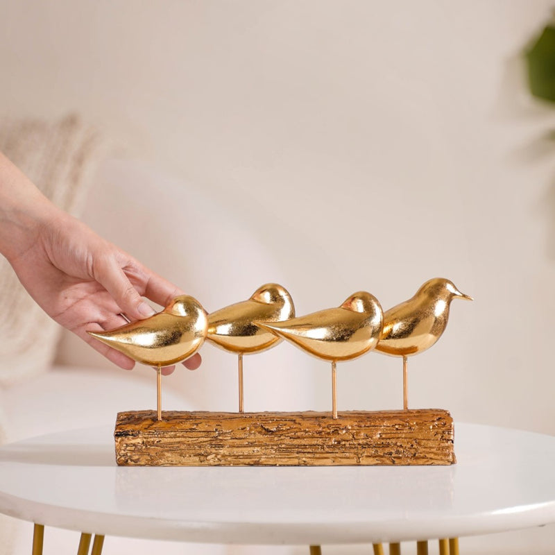 Gold Bird Showpiece With Stand - Bird Showpiece, Bird Decor with Bark Stand, Decorative Gold Bird Figurine
