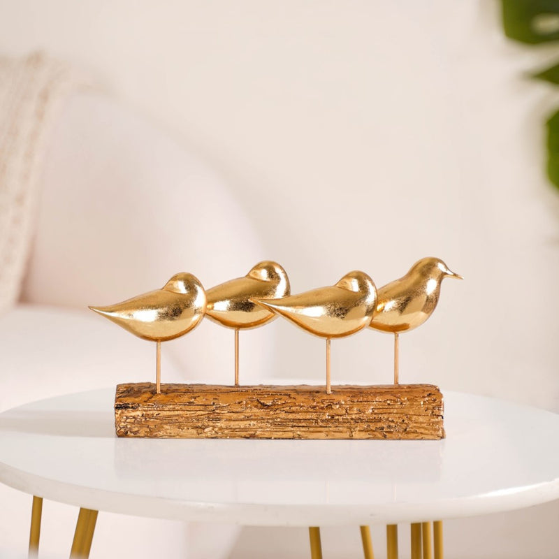 Gold Bird Showpiece With Stand - Bird Showpiece, Bird Decor with Bark Stand, Decorative Gold Bird Figurine