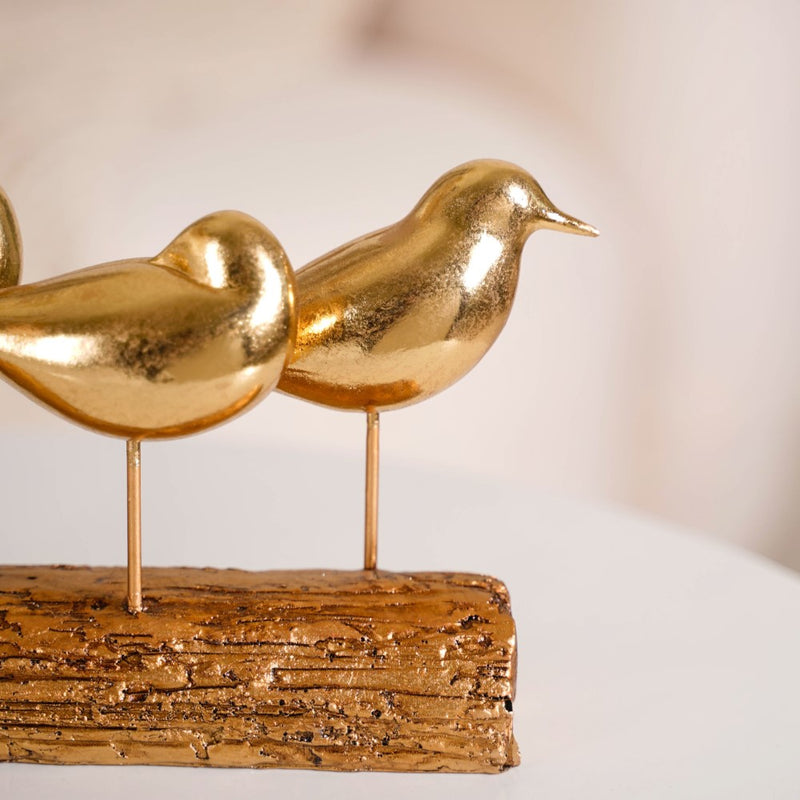 Gold Bird Showpiece With Stand - Bird Showpiece, Bird Decor with Bark Stand, Decorative Gold Bird Figurine