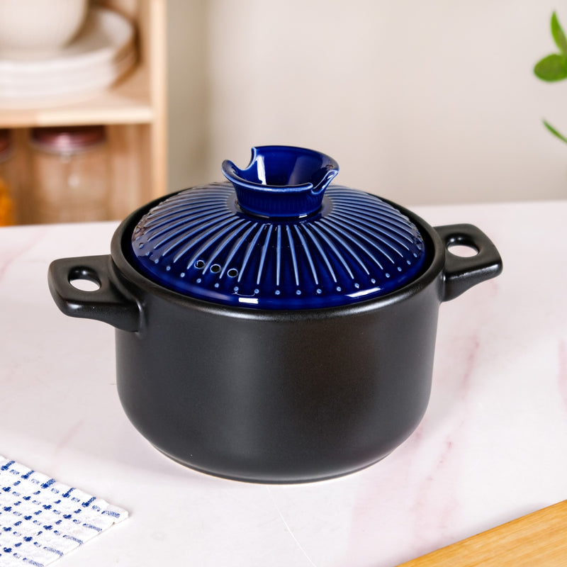 Black Ceramic Cooking Pot With Deep Blue Lid 3000ml