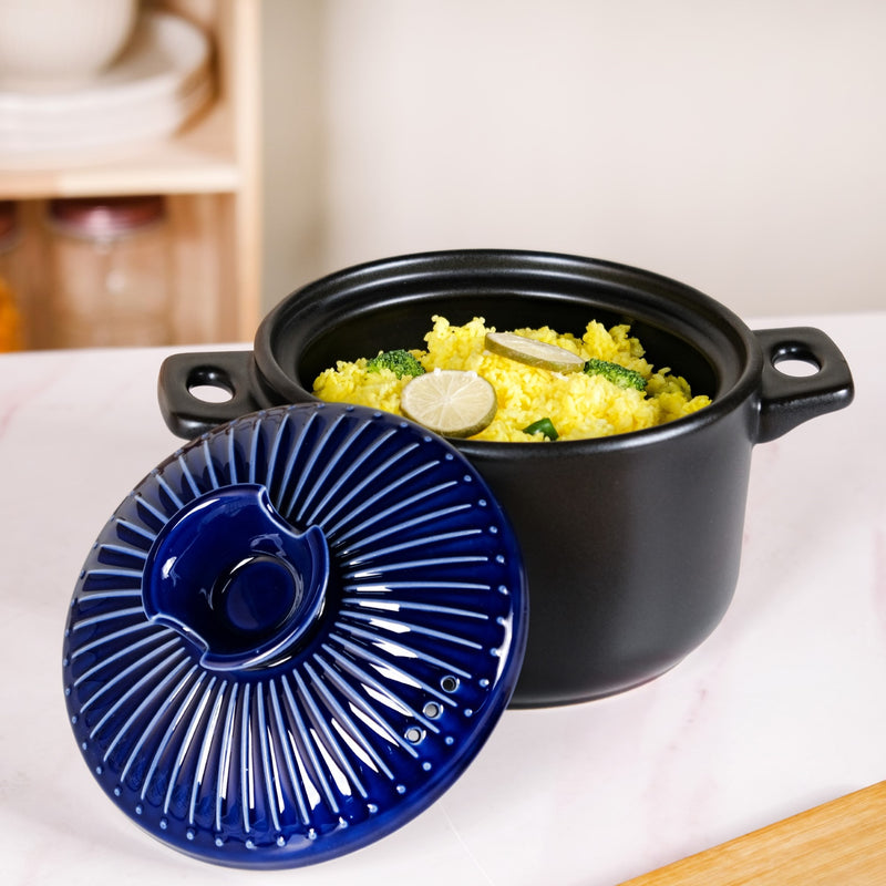 Black Ceramic Cooking Pot With Deep Blue Lid 3000ml