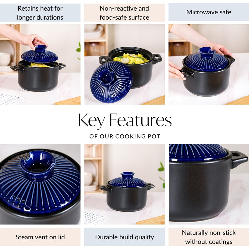 Black Ceramic Cooking Pot With Deep Blue Lid 3000ml