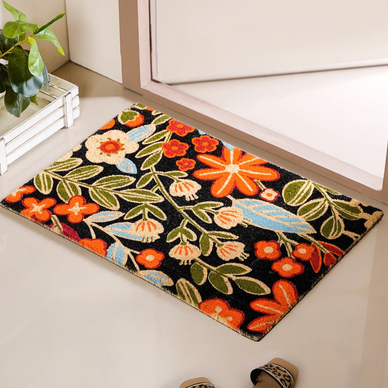 Black Floral Coir Mat 36x24 Inch